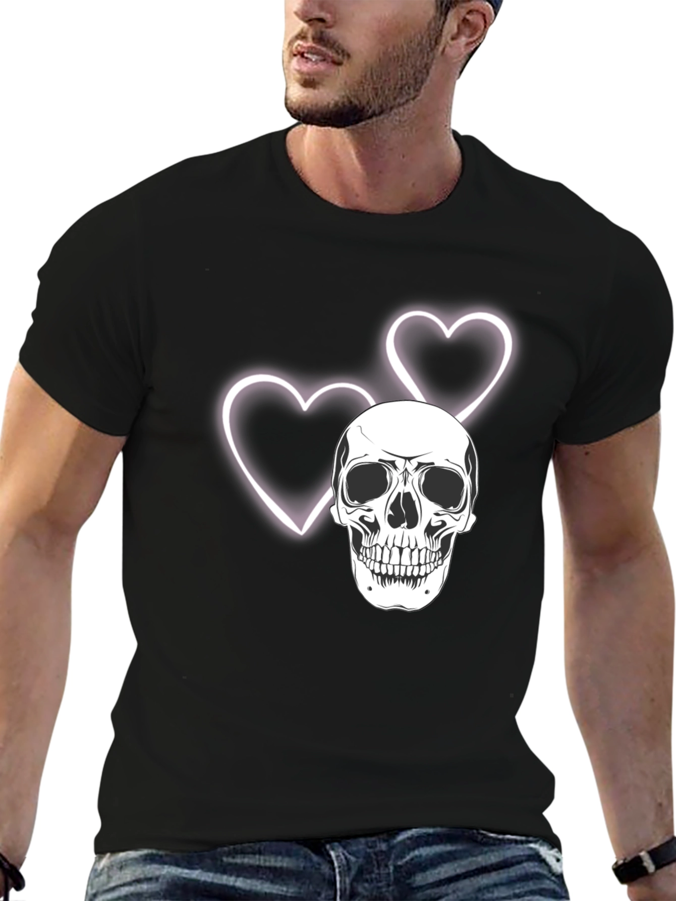Skull & Hearts Graphic Tee - Black Cotton T-Shirt
