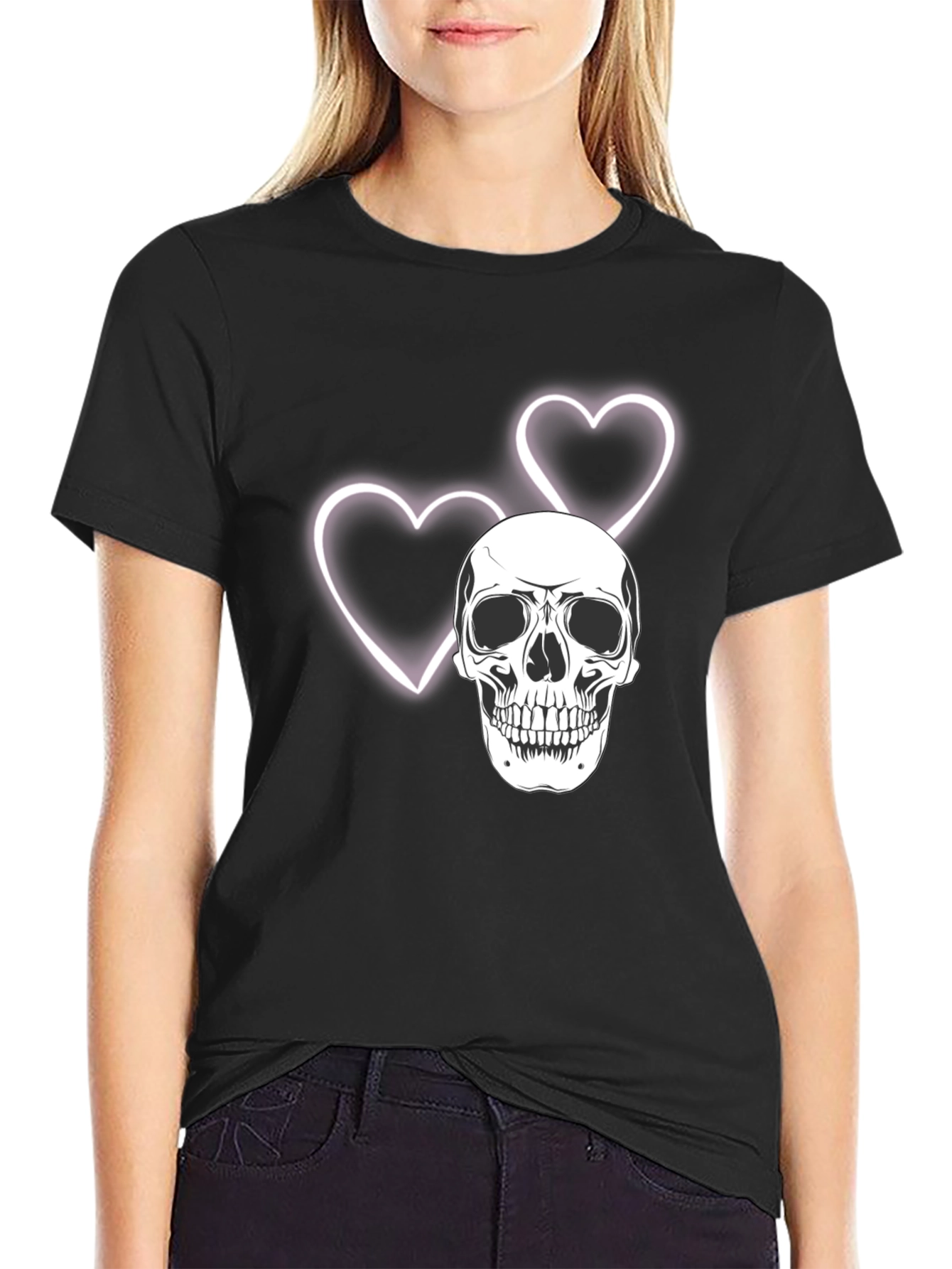 Skull & Hearts Graphic Tee - Black Cotton T-Shirt