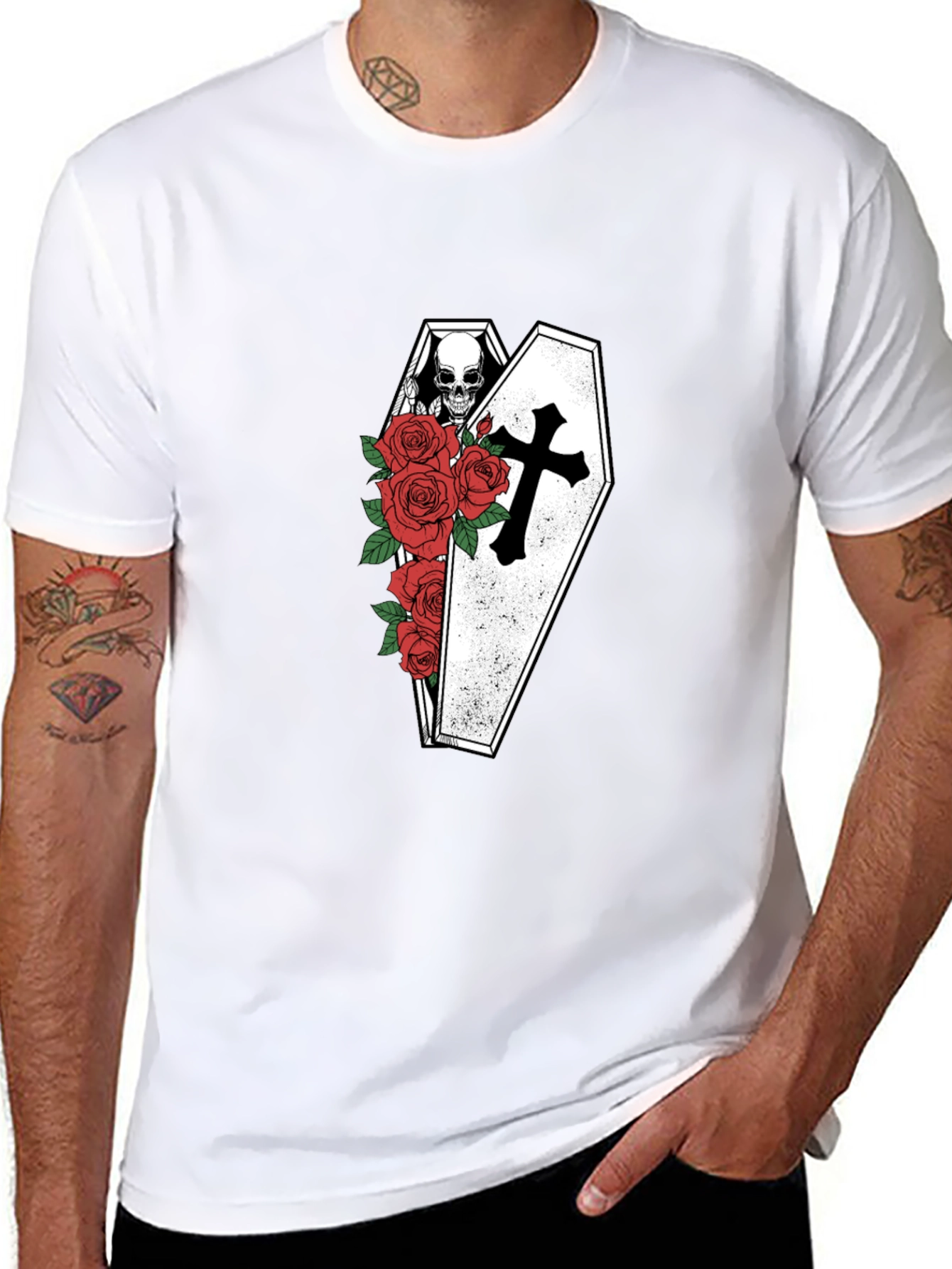 Gothic Skull Coffin & Roses T-Shirt