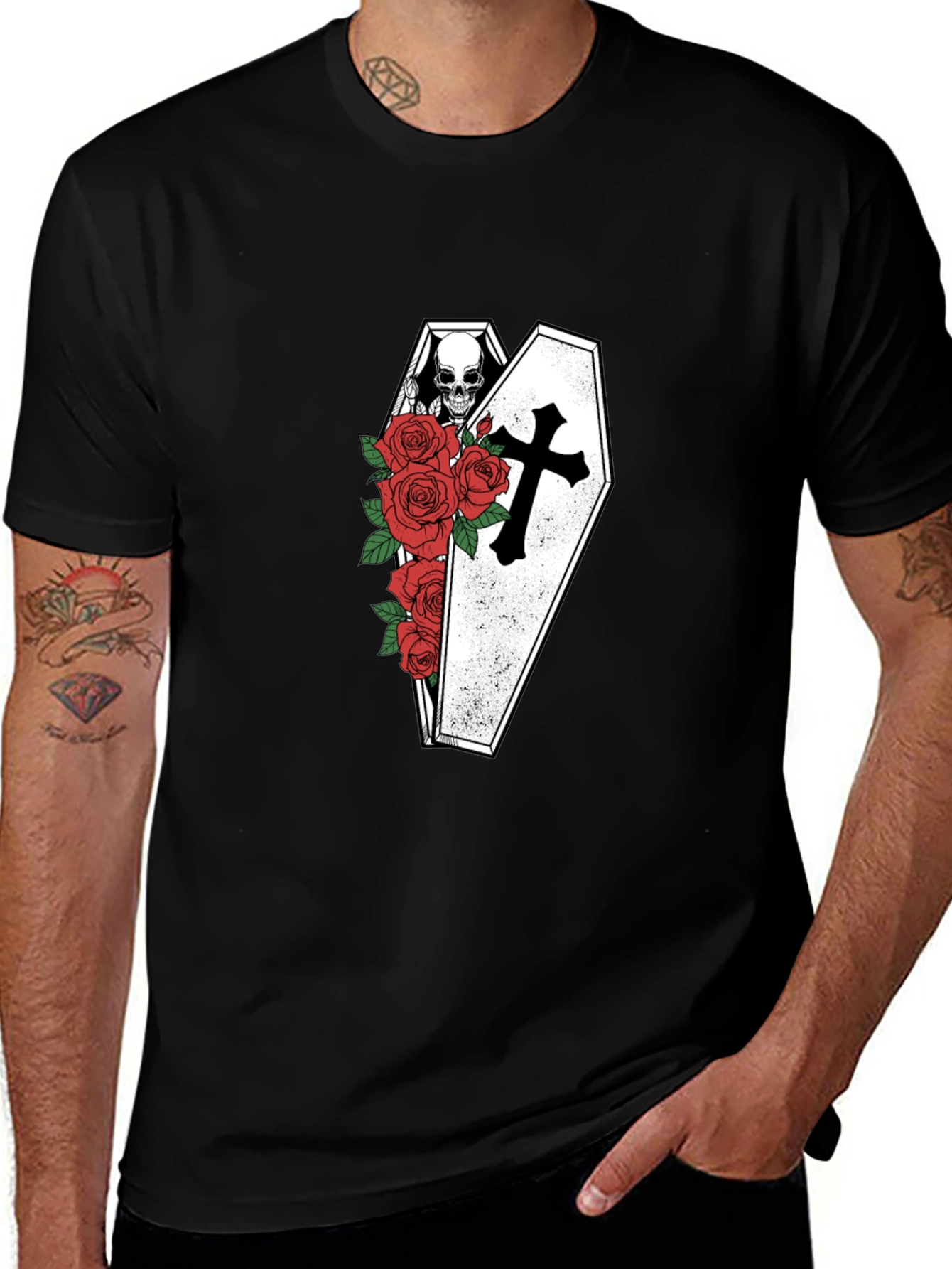 Gothic Skull Coffin & Roses T-Shirt