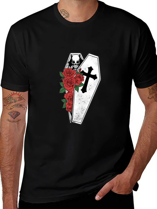 Gothic Skull Coffin & Roses T-Shirt