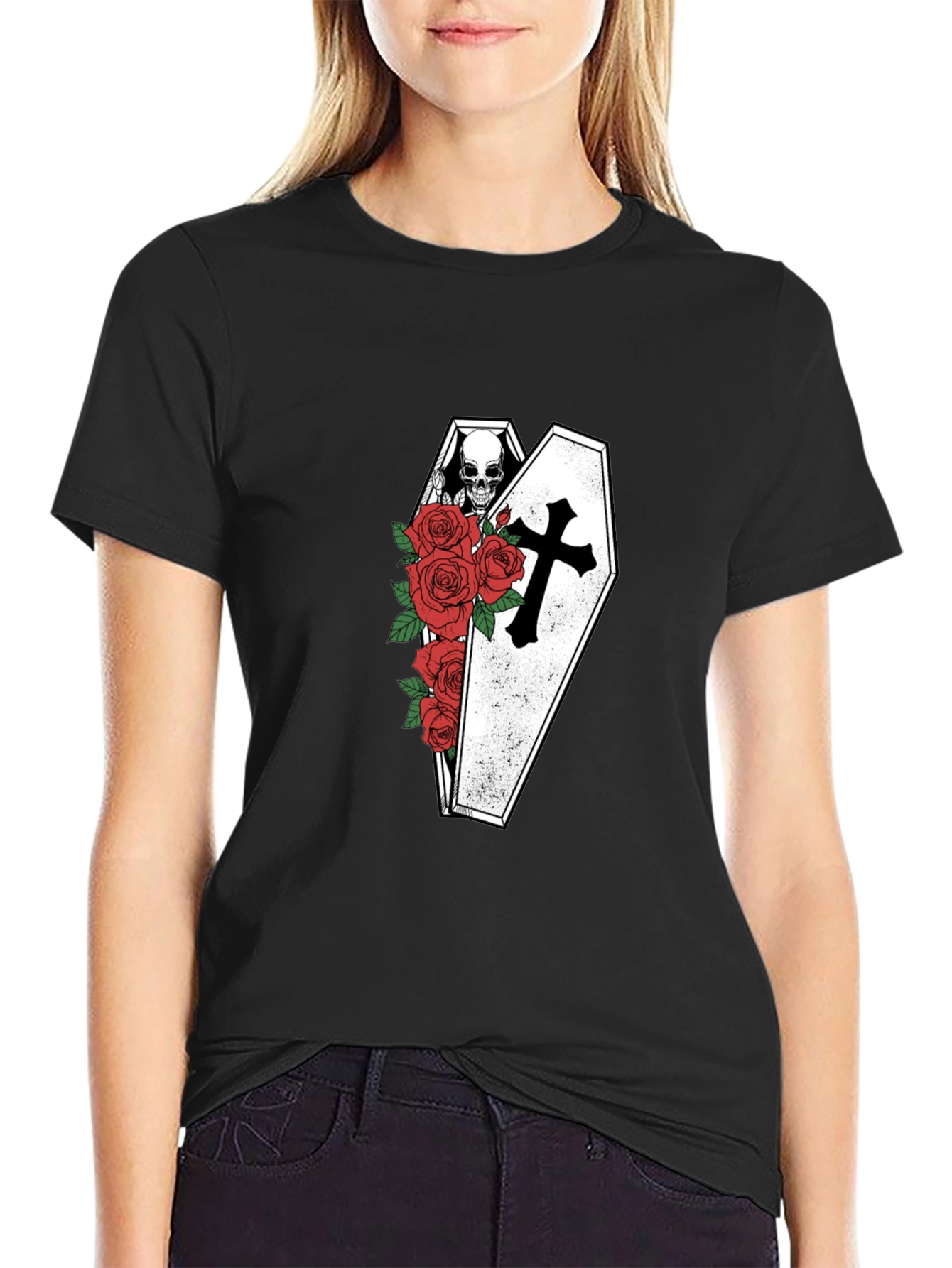 Gothic Skull Coffin & Roses T-Shirt