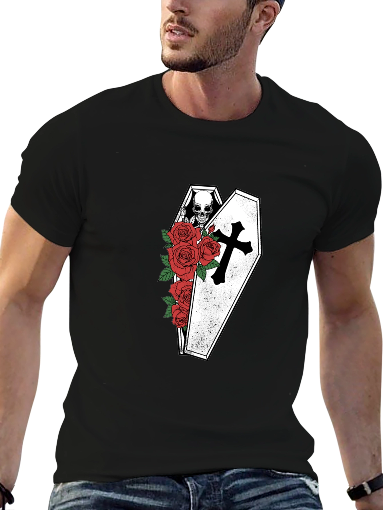 Gothic Skull Coffin & Roses T-Shirt