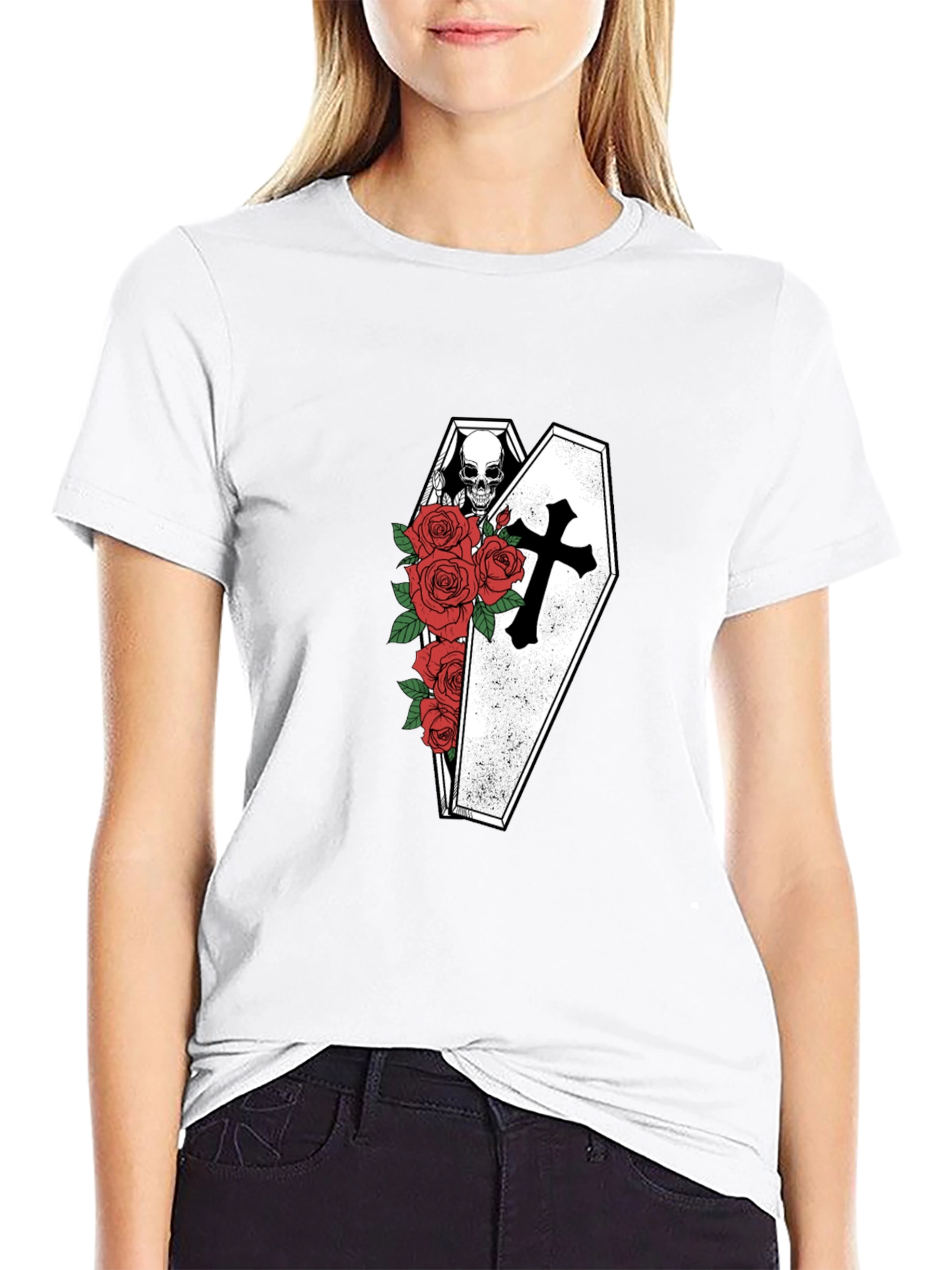 Gothic Skull Coffin & Roses T-Shirt
