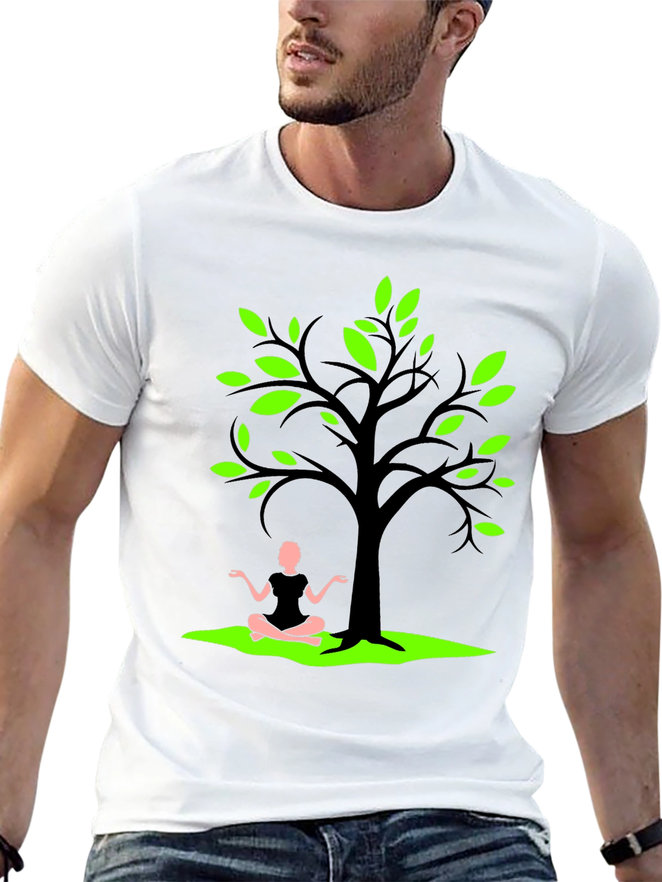Nature Zen Black T-Shirt - Tree & Meditating Person