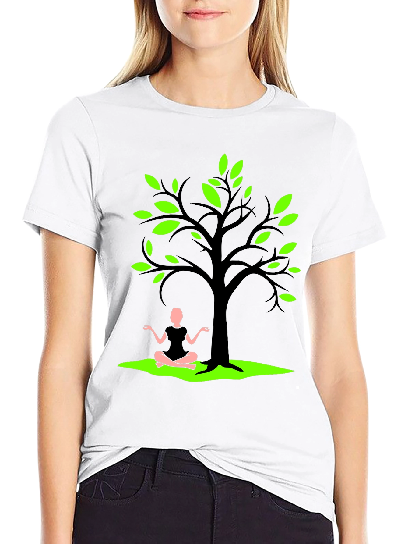 Nature Zen Black T-Shirt - Tree & Meditating Person