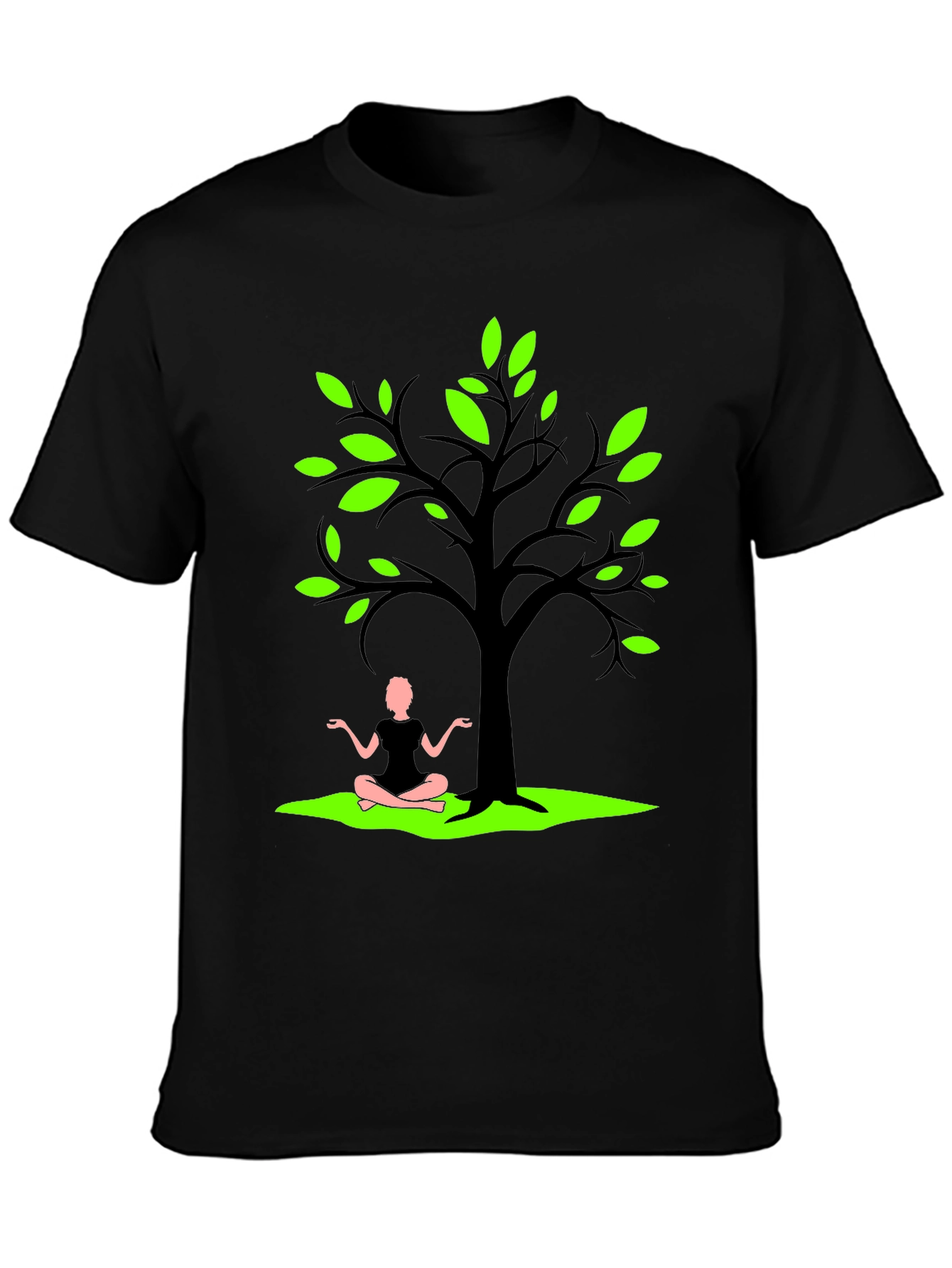 Nature Zen Black T-Shirt - Tree & Meditating Person
