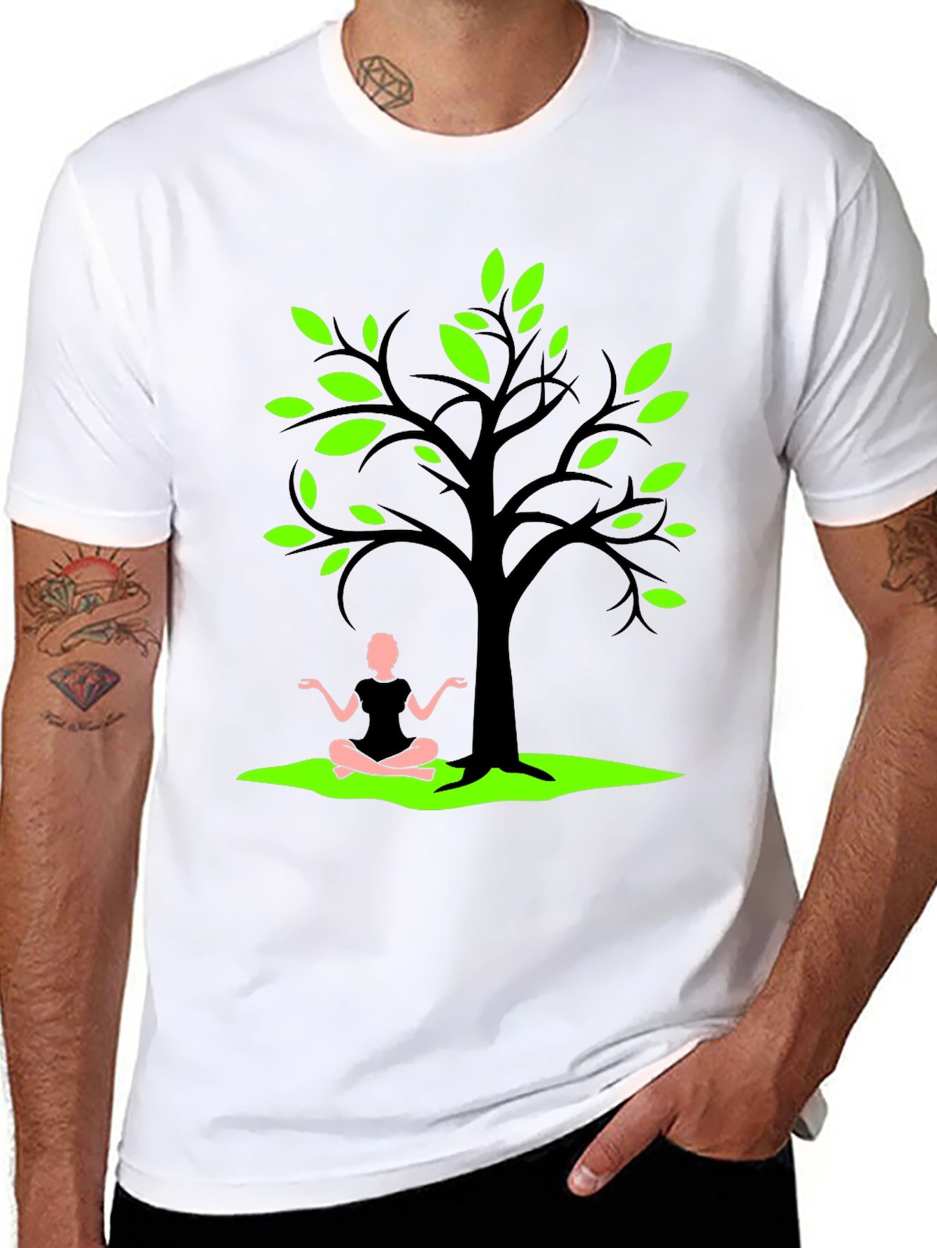 Nature Zen Black T-Shirt - Tree & Meditating Person