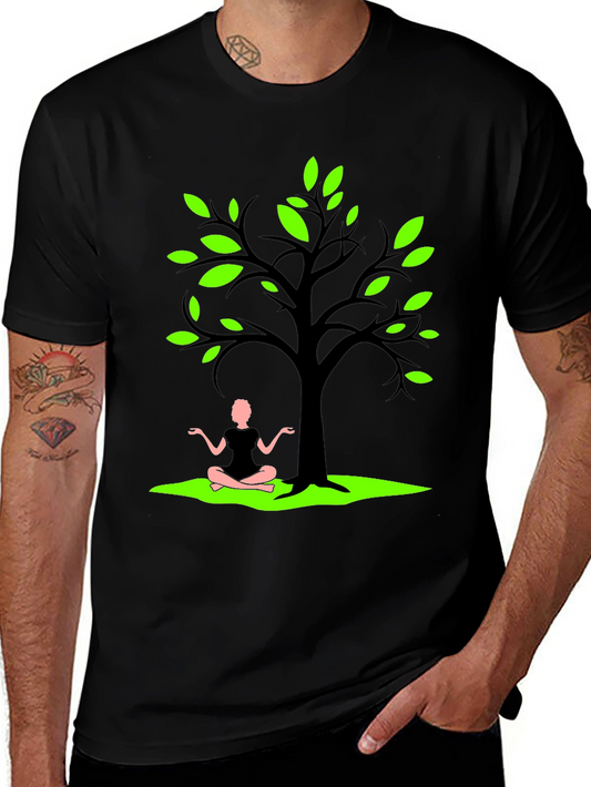 Nature Zen Black T-Shirt - Tree & Meditating Person