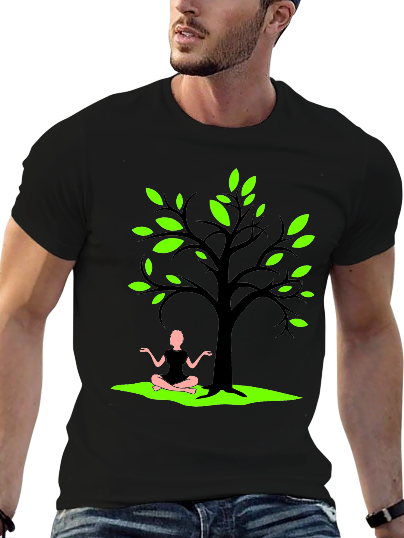 Nature Zen Black T-Shirt - Tree & Meditating Person