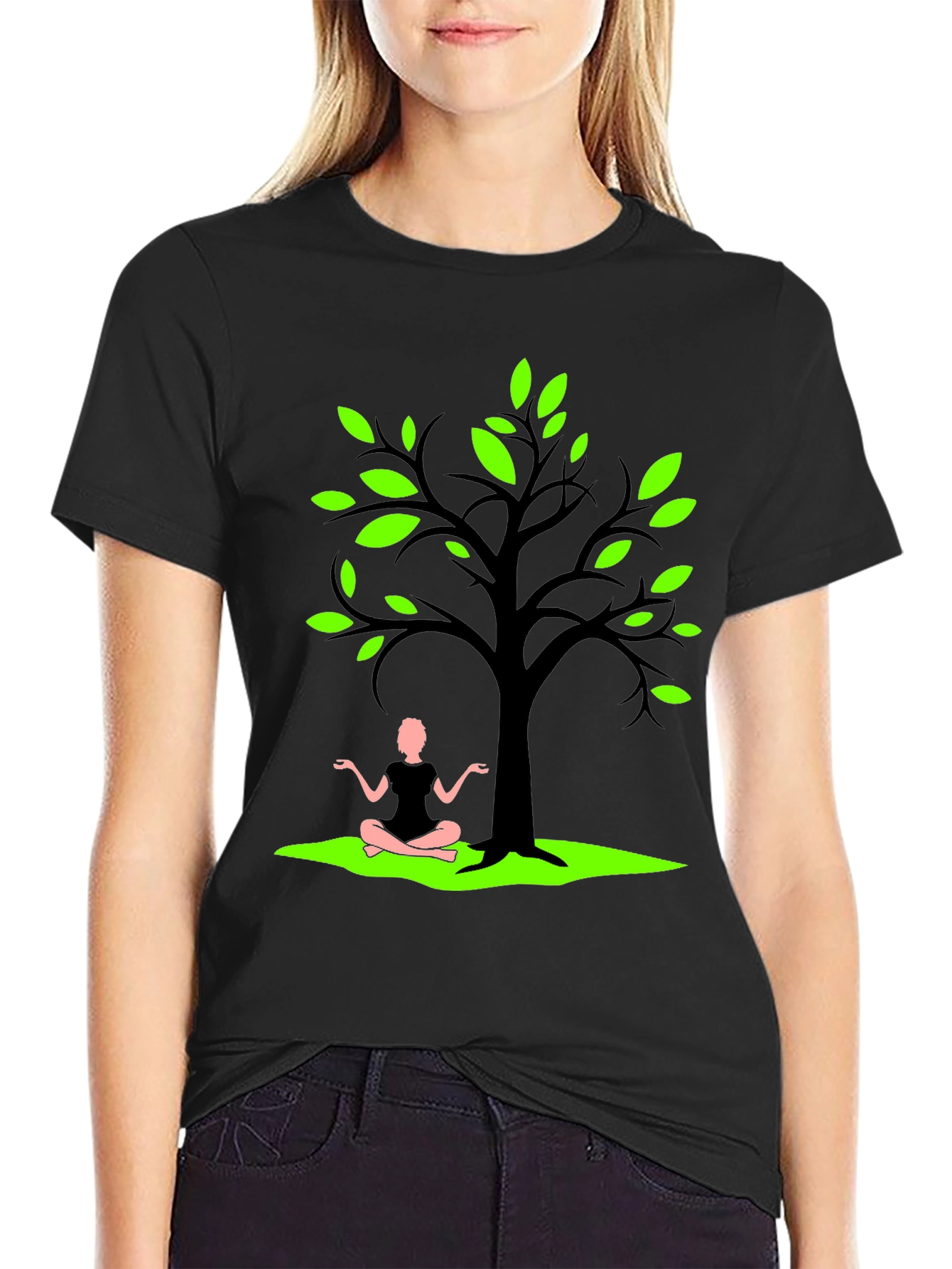 Nature Zen Black T-Shirt - Tree & Meditating Person