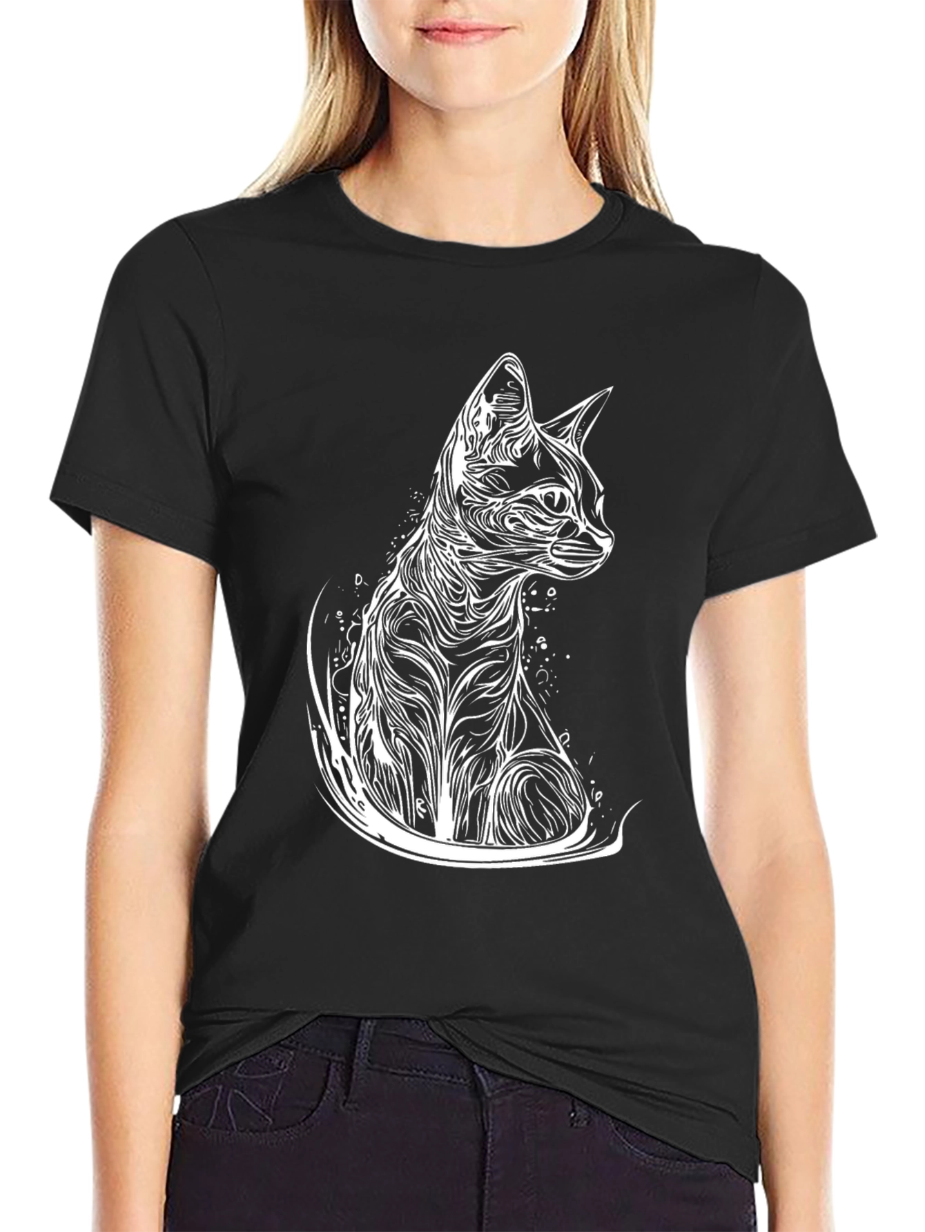 Abstract Cat Graphic Tee - Stylish Black T-Shirt