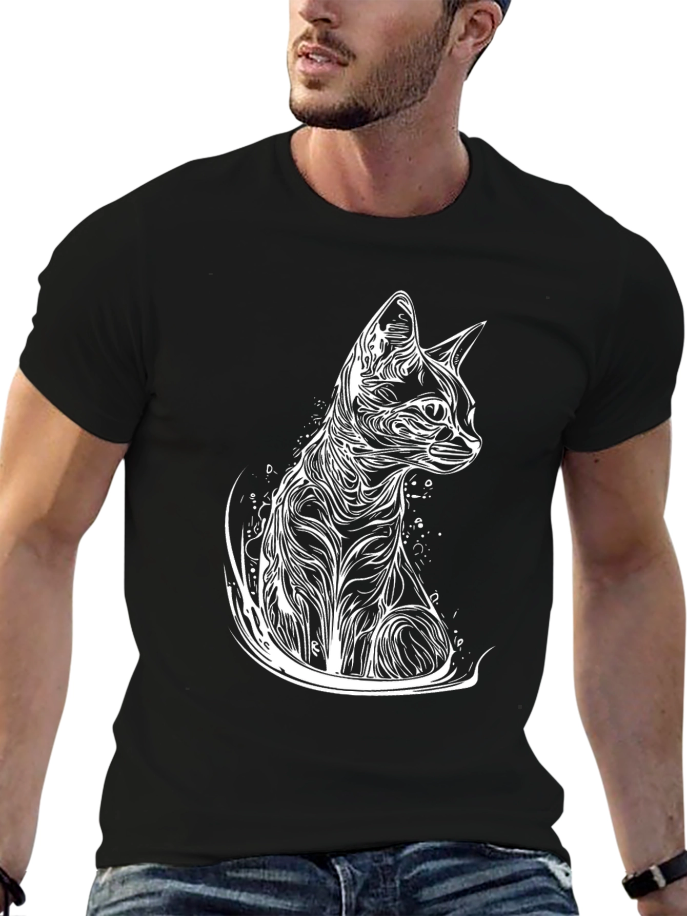 Abstract Cat Graphic Tee - Stylish Black T-Shirt