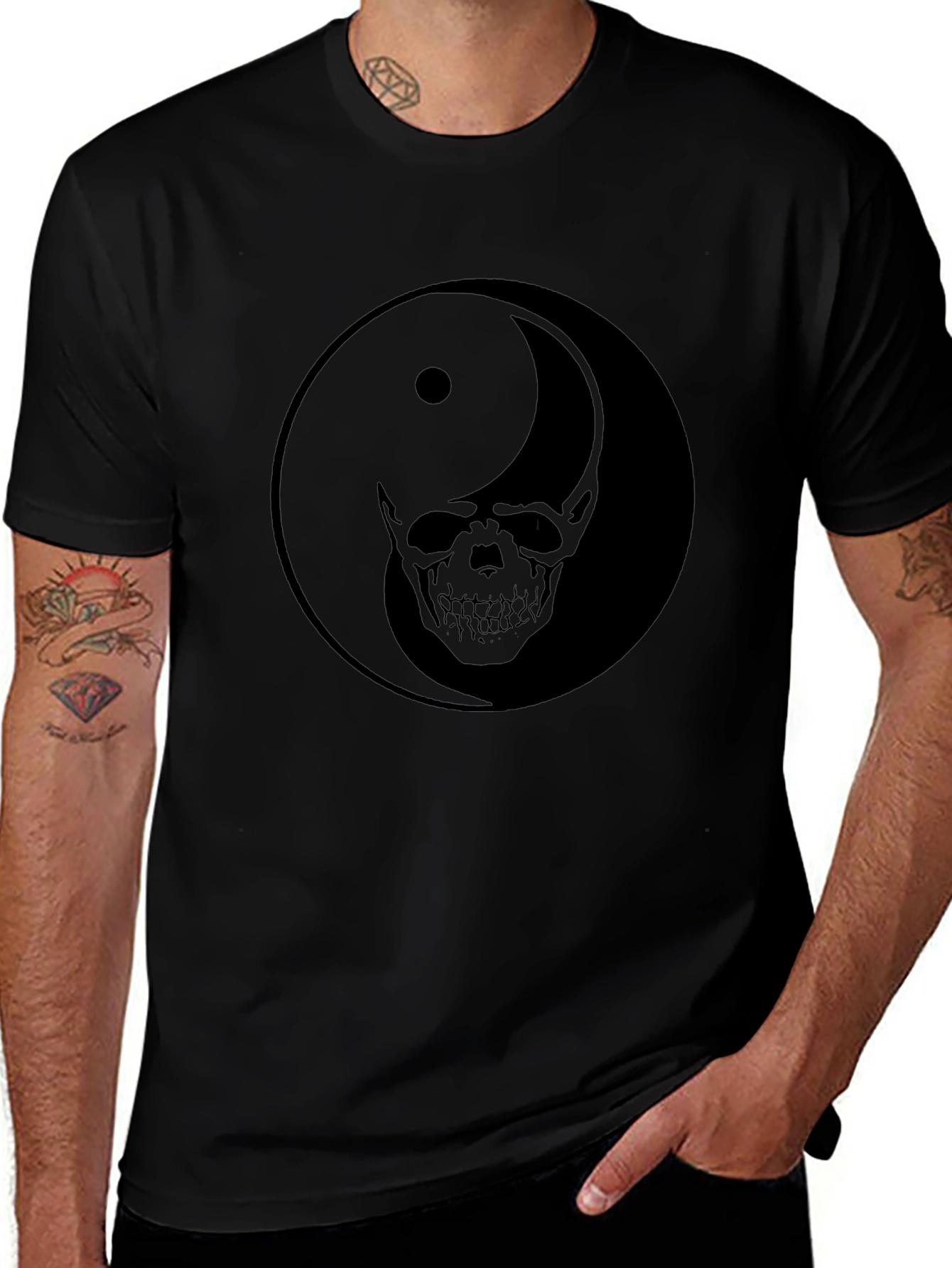Yin Yang Skull Graphic Black T-Shirt