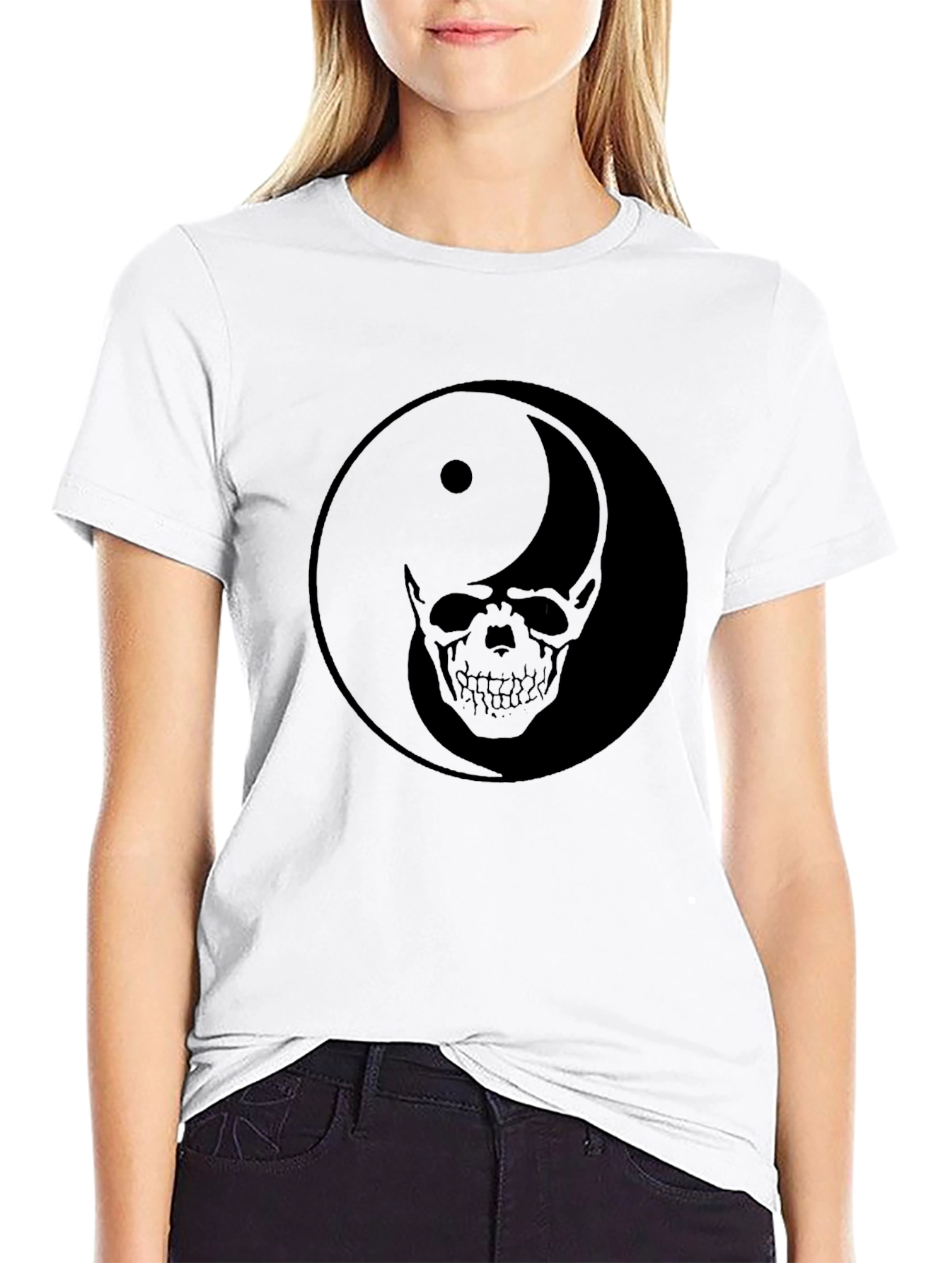 Yin Yang Skull Graphic Black T-Shirt