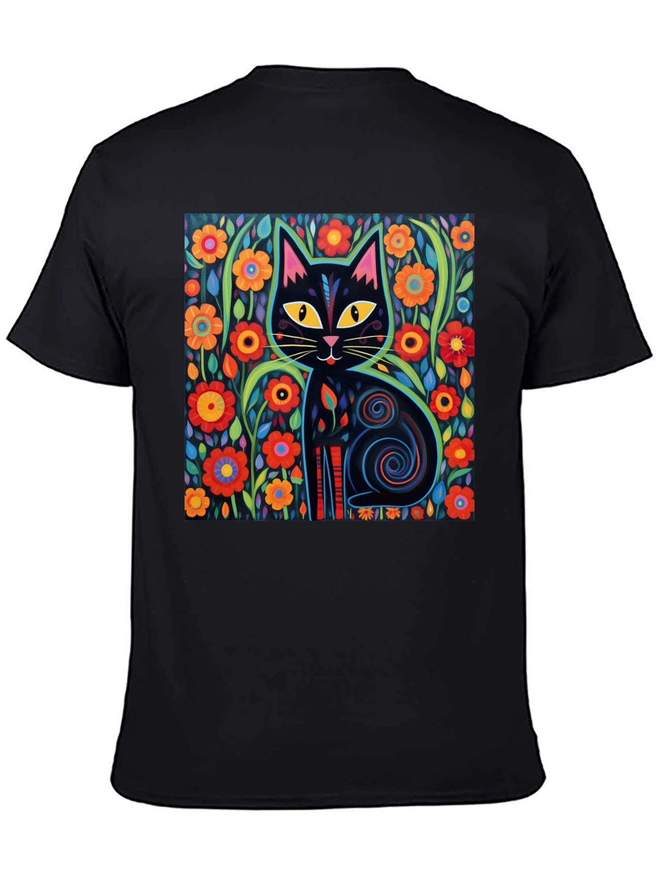 Floral Cat Graphic Tee - Black