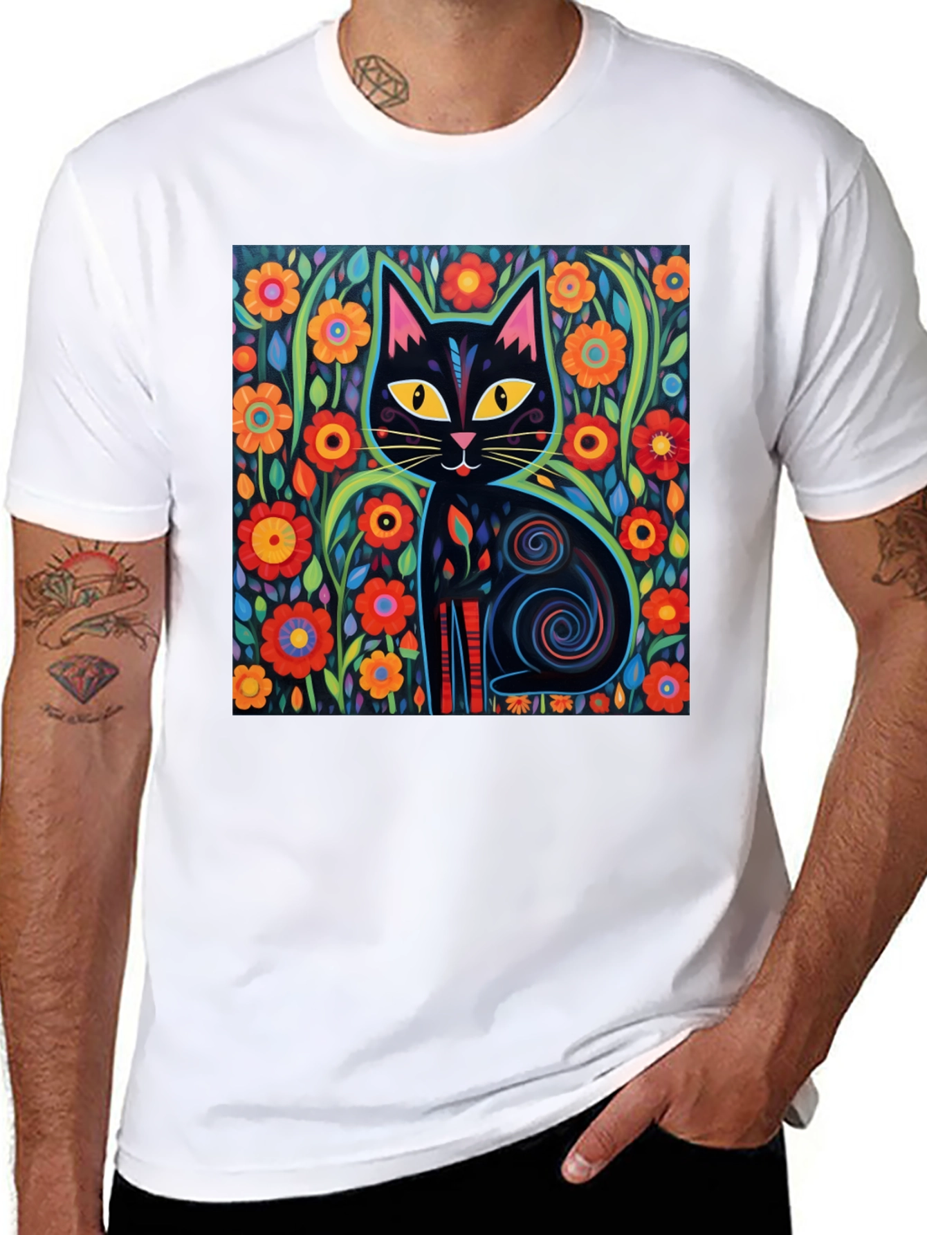 Floral Cat Graphic Tee - Black