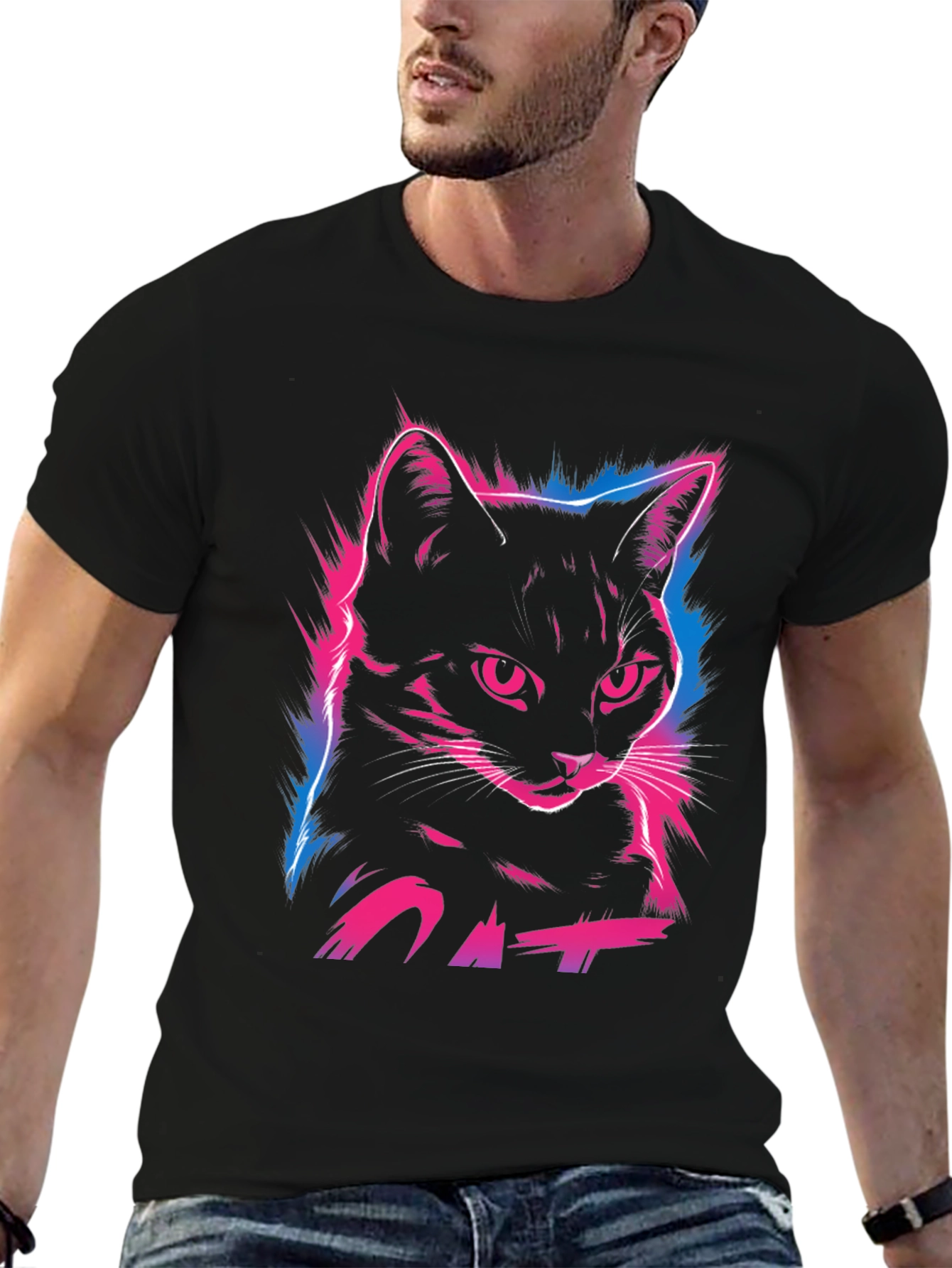 Neon Cat Graphic Print T-Shirt - Cool Streetwear Style