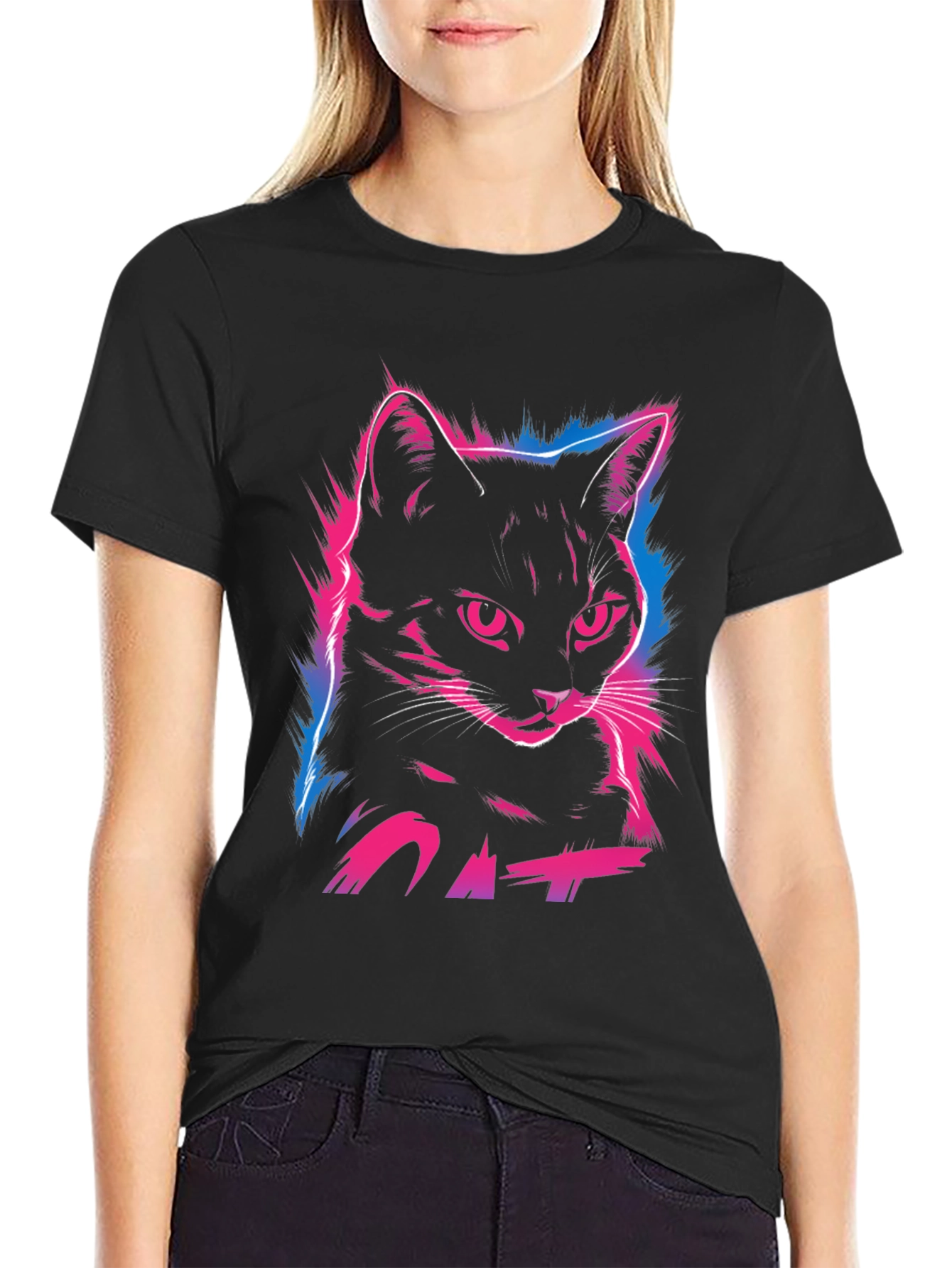 Neon Cat Graphic Print T-Shirt - Cool Streetwear Style