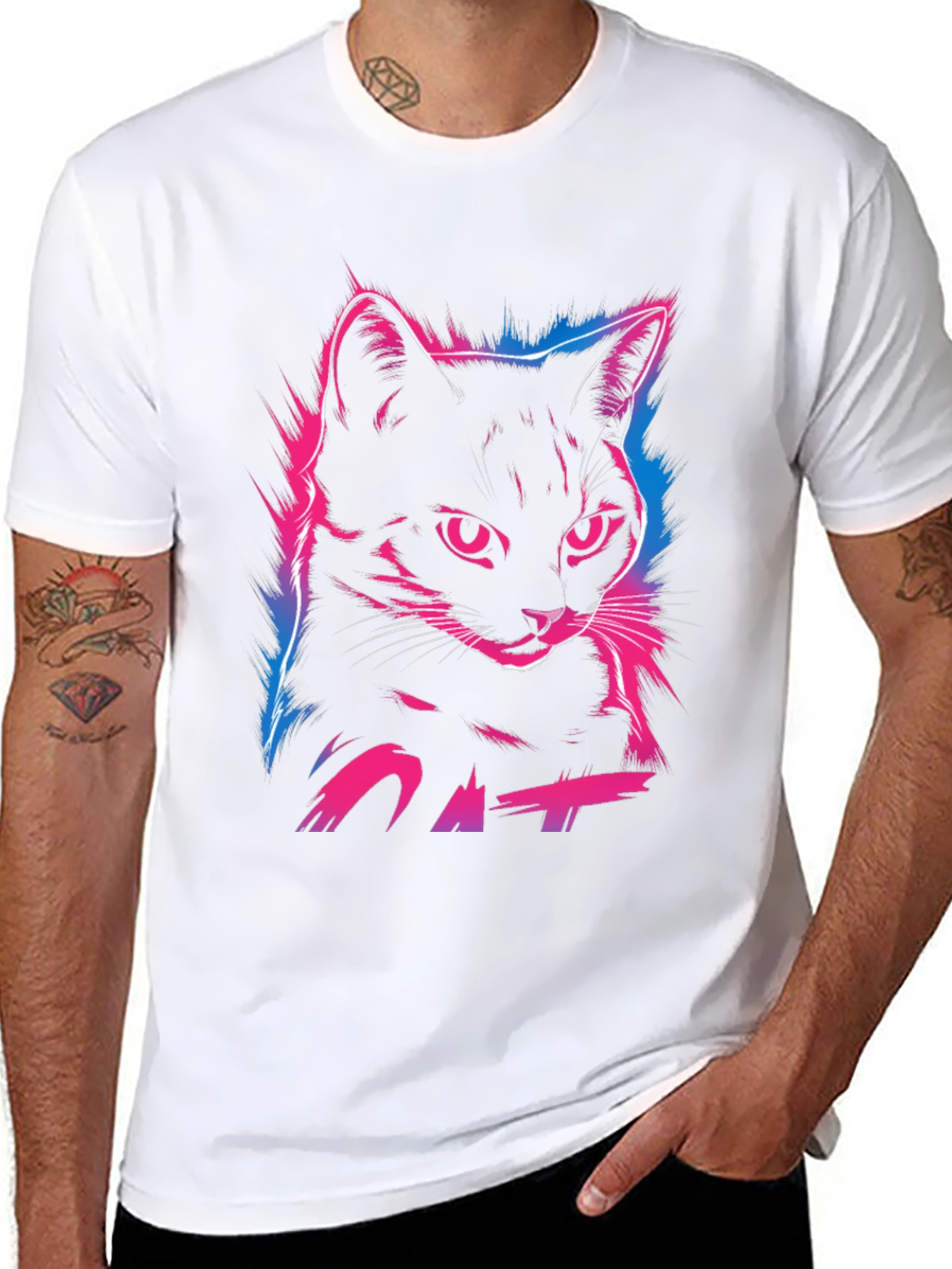 Neon Cat Graphic Print T-Shirt - Cool Streetwear Style
