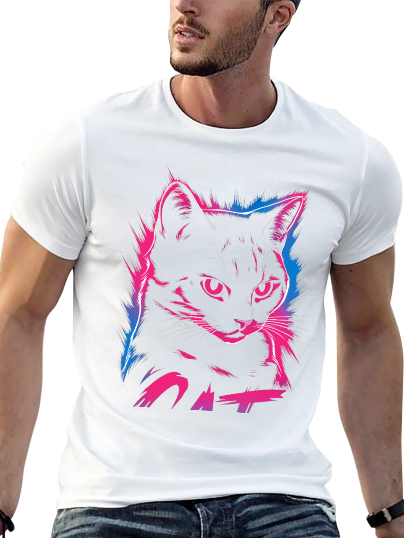 Neon Cat Graphic Print T-Shirt - Cool Streetwear Style