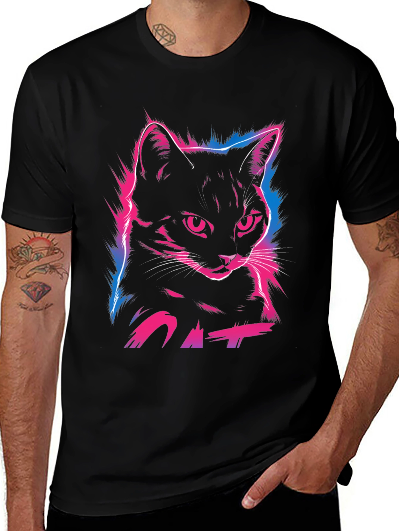 Neon Cat Graphic Print T-Shirt - Cool Streetwear Style