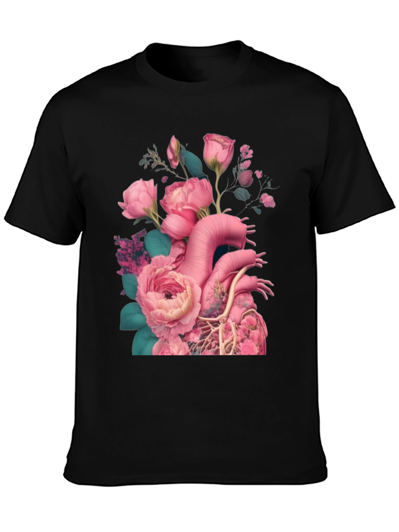 Floral Heart Graphic Black T-Shirt