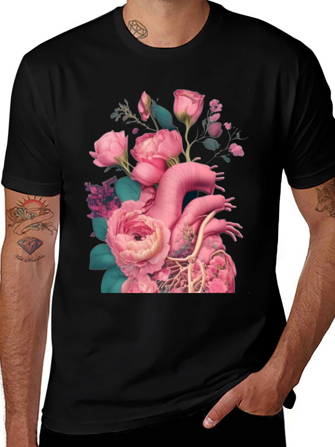 Floral Heart Graphic Black T-Shirt