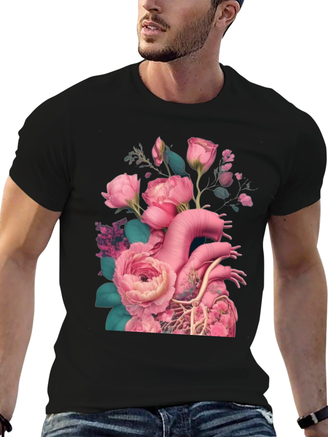 Floral Heart Graphic Black T-Shirt
