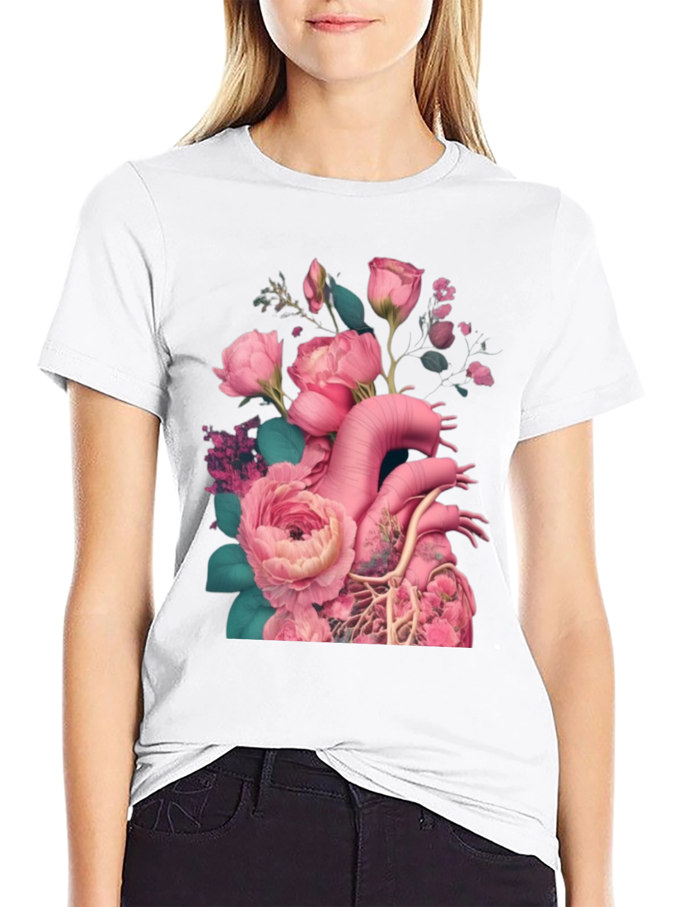 Floral Heart Graphic Black T-Shirt