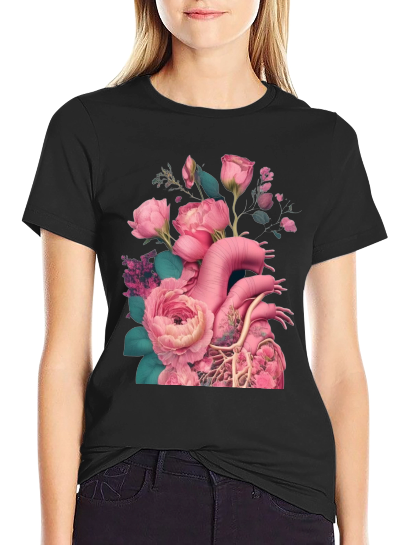 Floral Heart Graphic Black T-Shirt