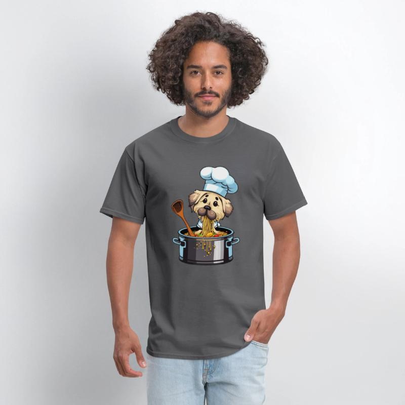 Cute dog eats cooks spaghetti pasta noodles