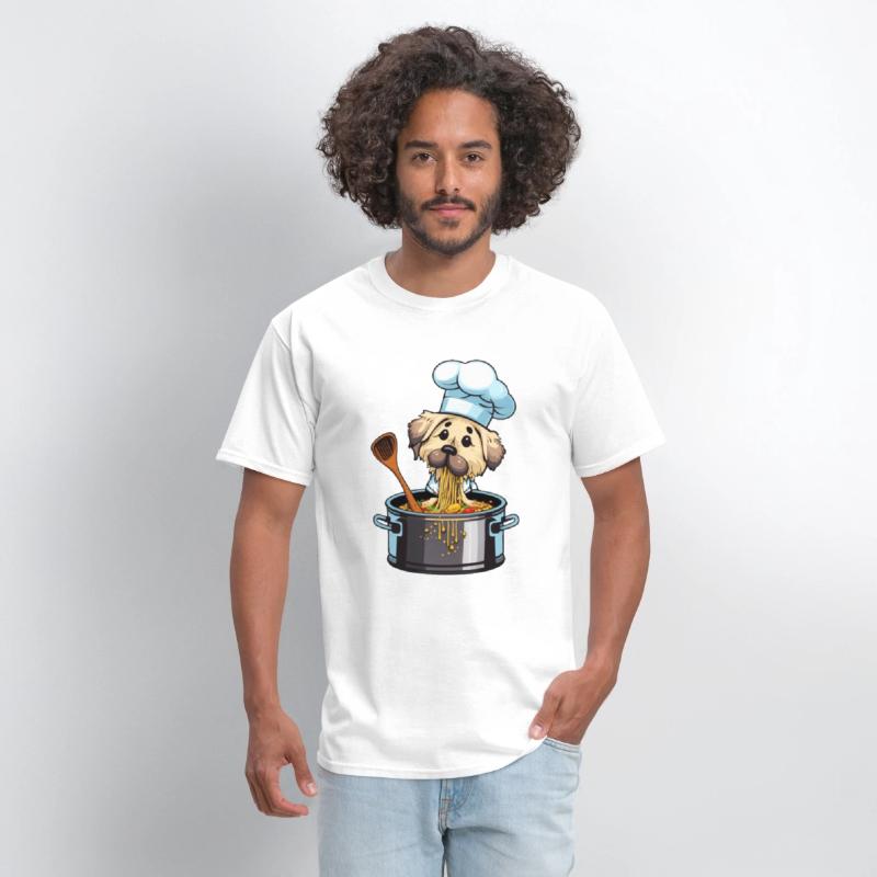 Cute dog eats cooks spaghetti pasta noodles