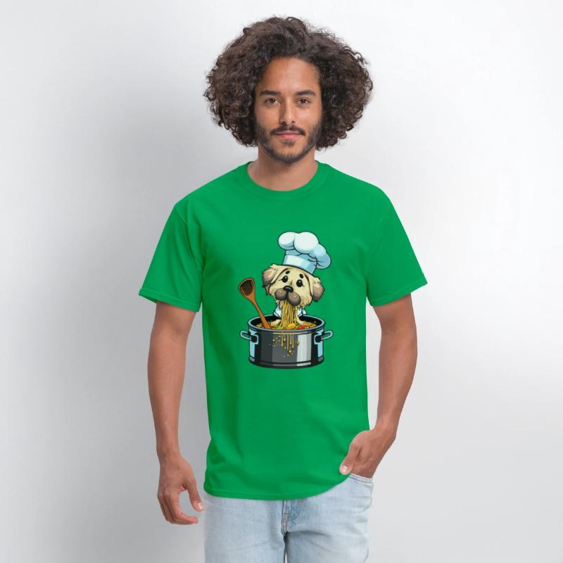 Cute dog eats cooks spaghetti pasta noodles