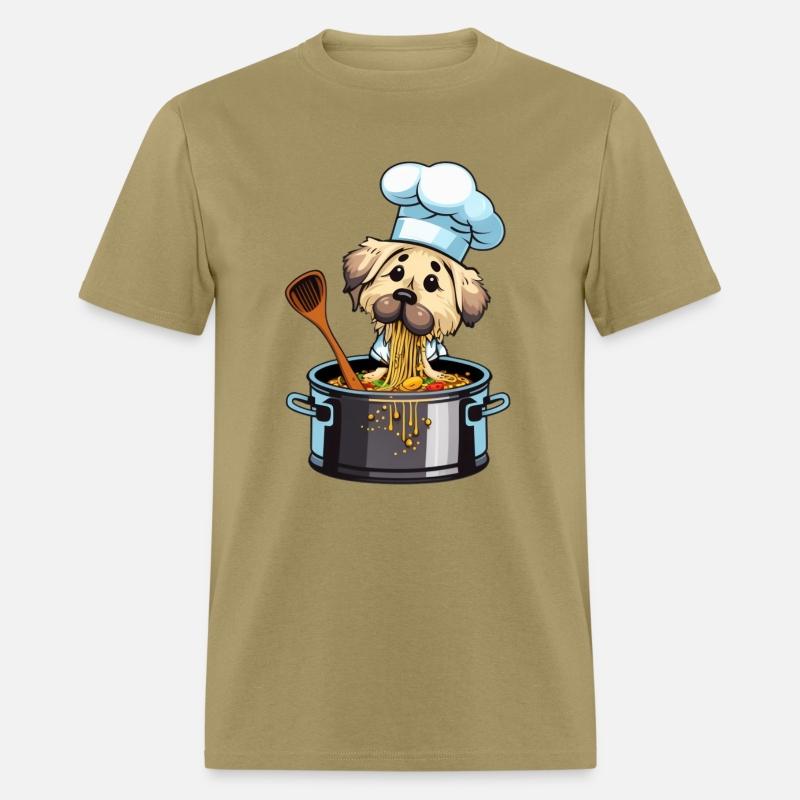 Cute dog eats cooks spaghetti pasta noodles
