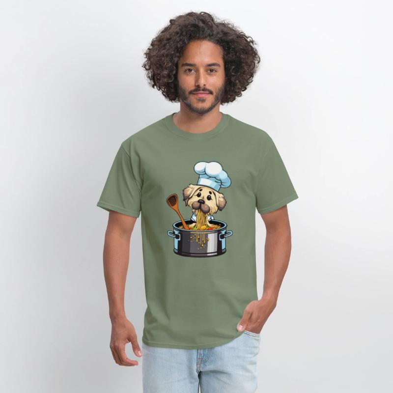 Cute dog eats cooks spaghetti pasta noodles