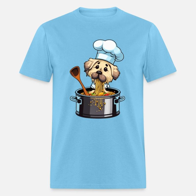 Cute dog eats cooks spaghetti pasta noodles