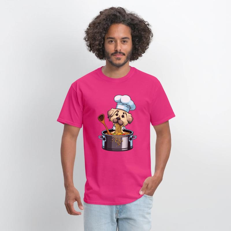 Cute dog eats cooks spaghetti pasta noodles