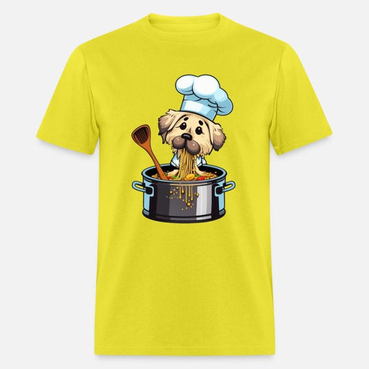 Cute dog eats cooks spaghetti pasta noodles