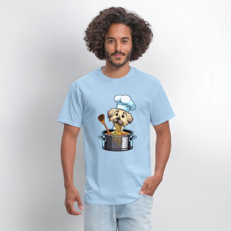 Cute dog eats cooks spaghetti pasta noodles