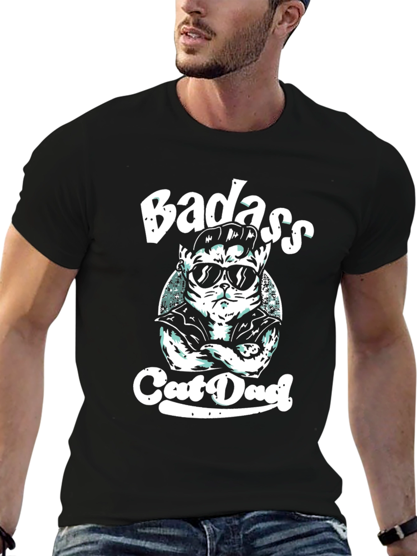 Badass Cat Dad Black Graphic Tee