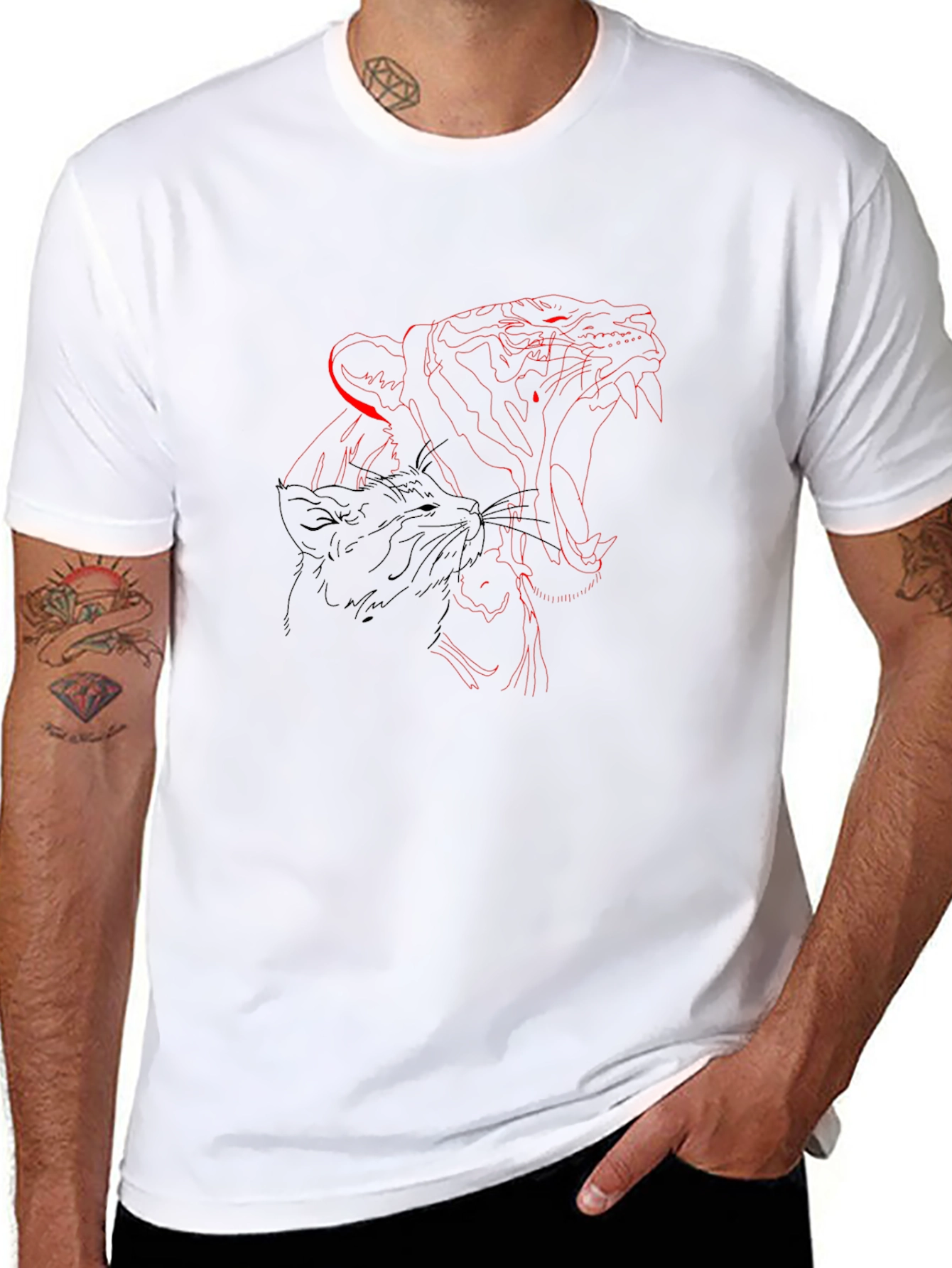 Mens Black Graphic Tee - Tiger Design