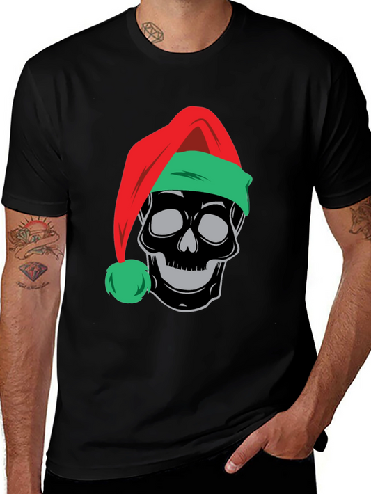 Skull in Santa Hat Graphic Tee - Holiday Humor
