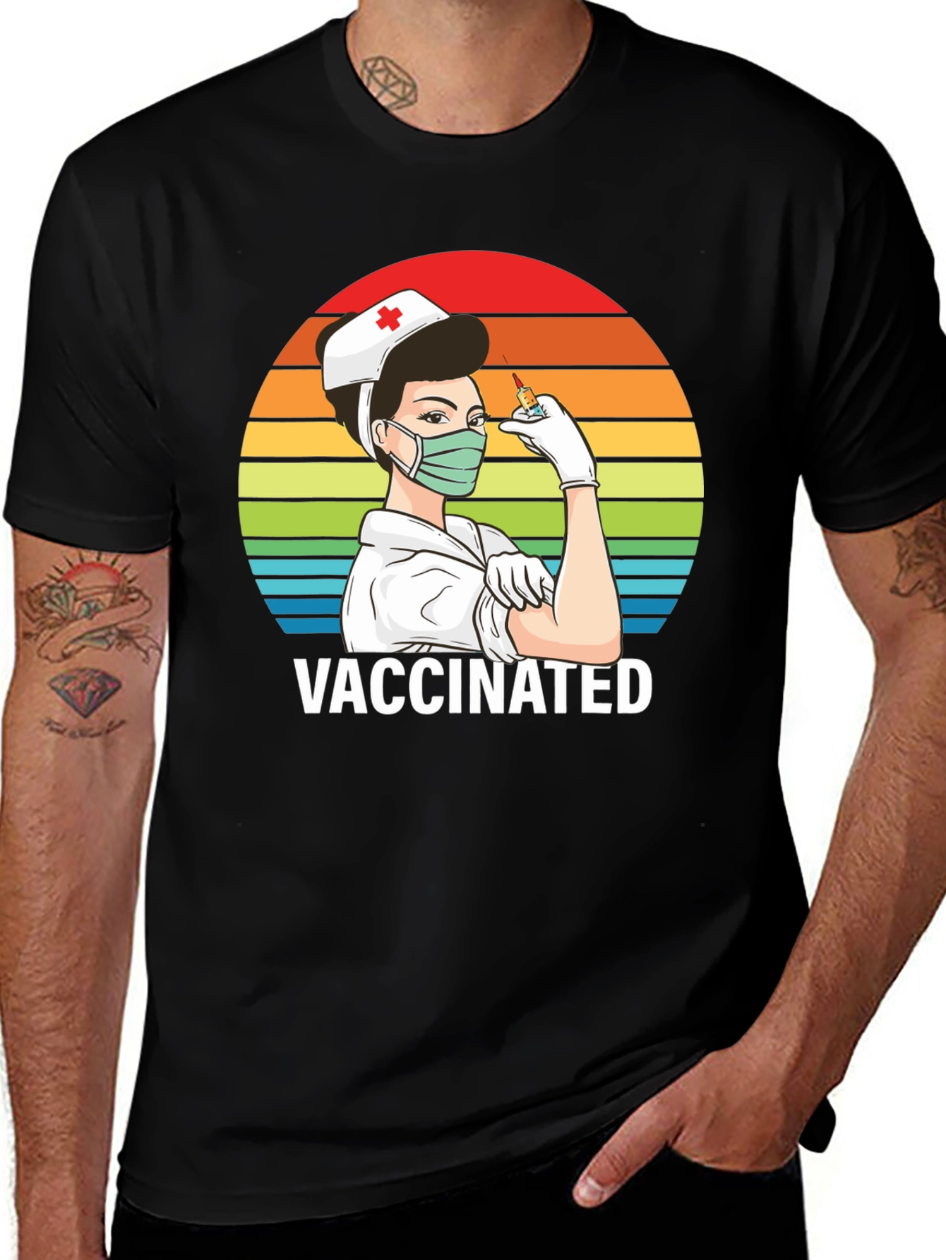 Vaccinated Nurse T-Shirt - Retro Rainbow Design
