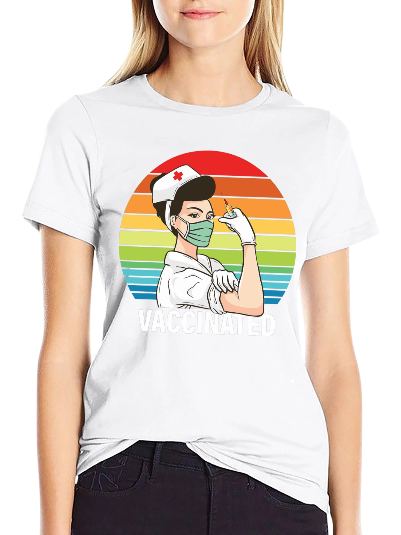 Vaccinated Nurse T-Shirt - Retro Rainbow Design