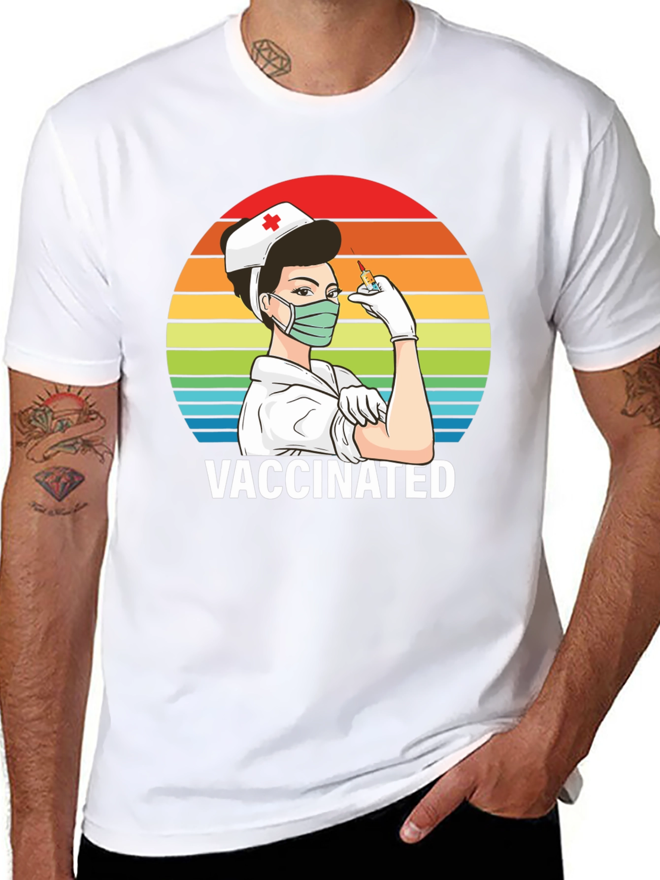 Vaccinated Nurse T-Shirt - Retro Rainbow Design