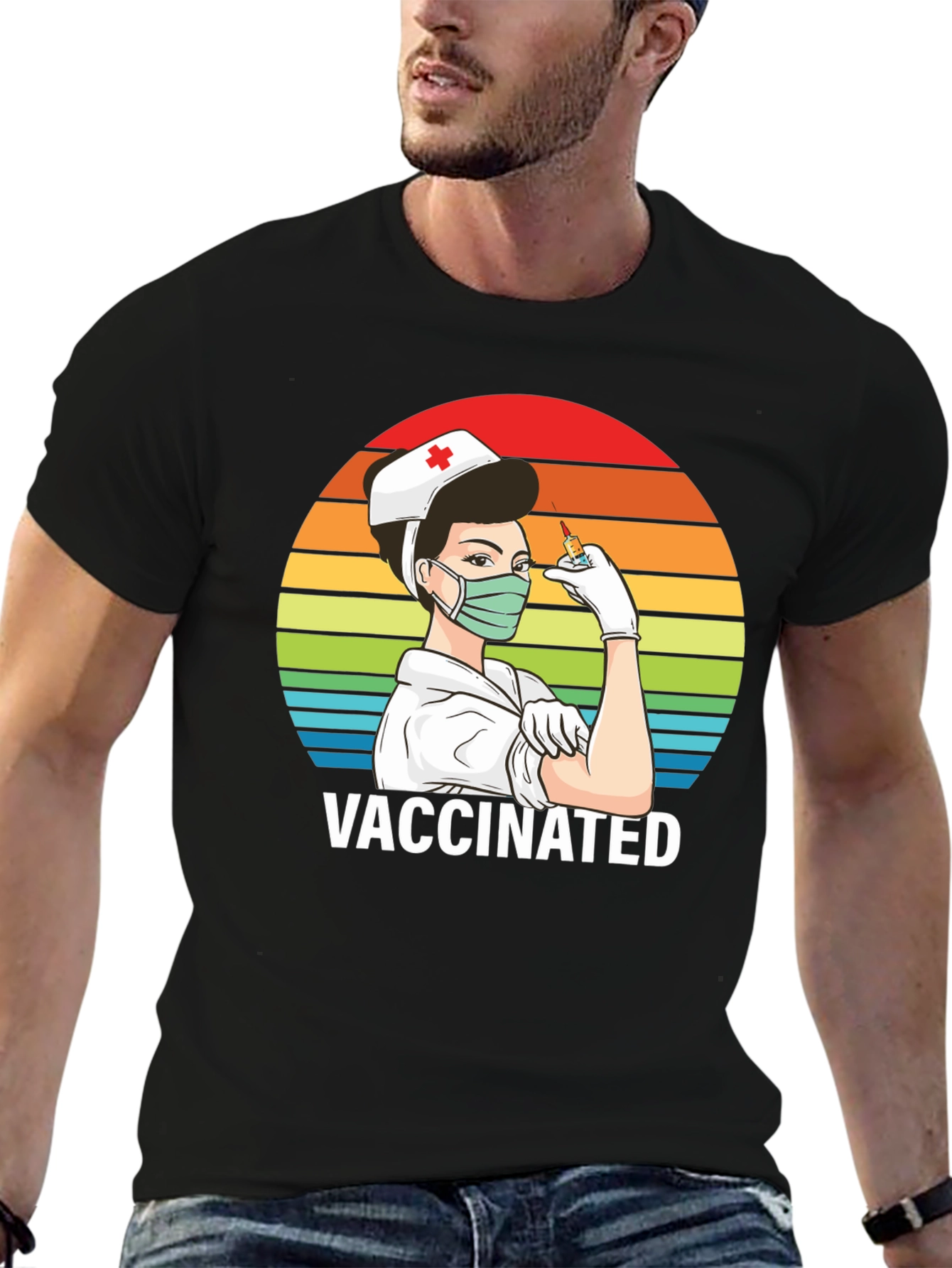 Vaccinated Nurse T-Shirt - Retro Rainbow Design