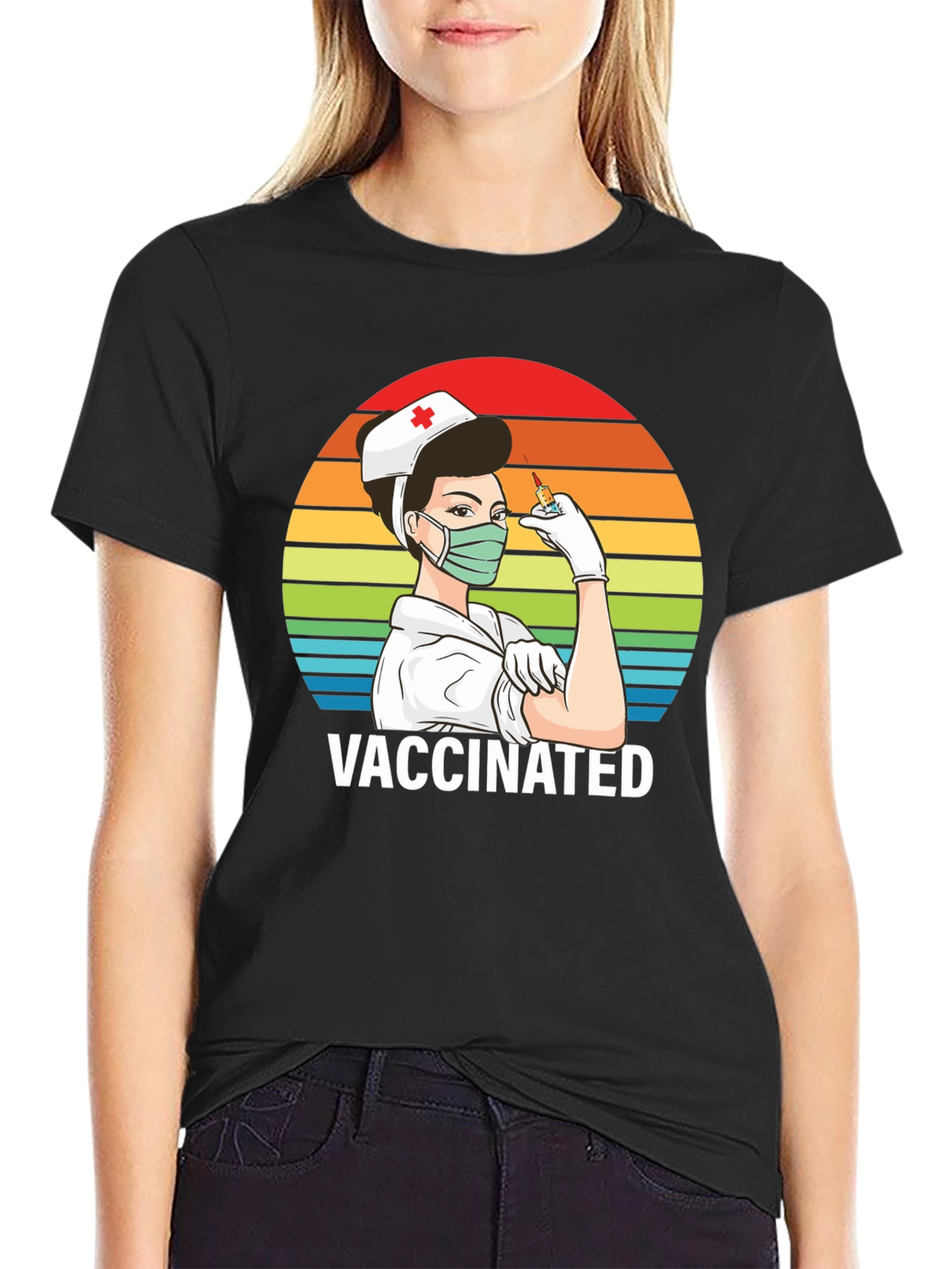 Vaccinated Nurse T-Shirt - Retro Rainbow Design