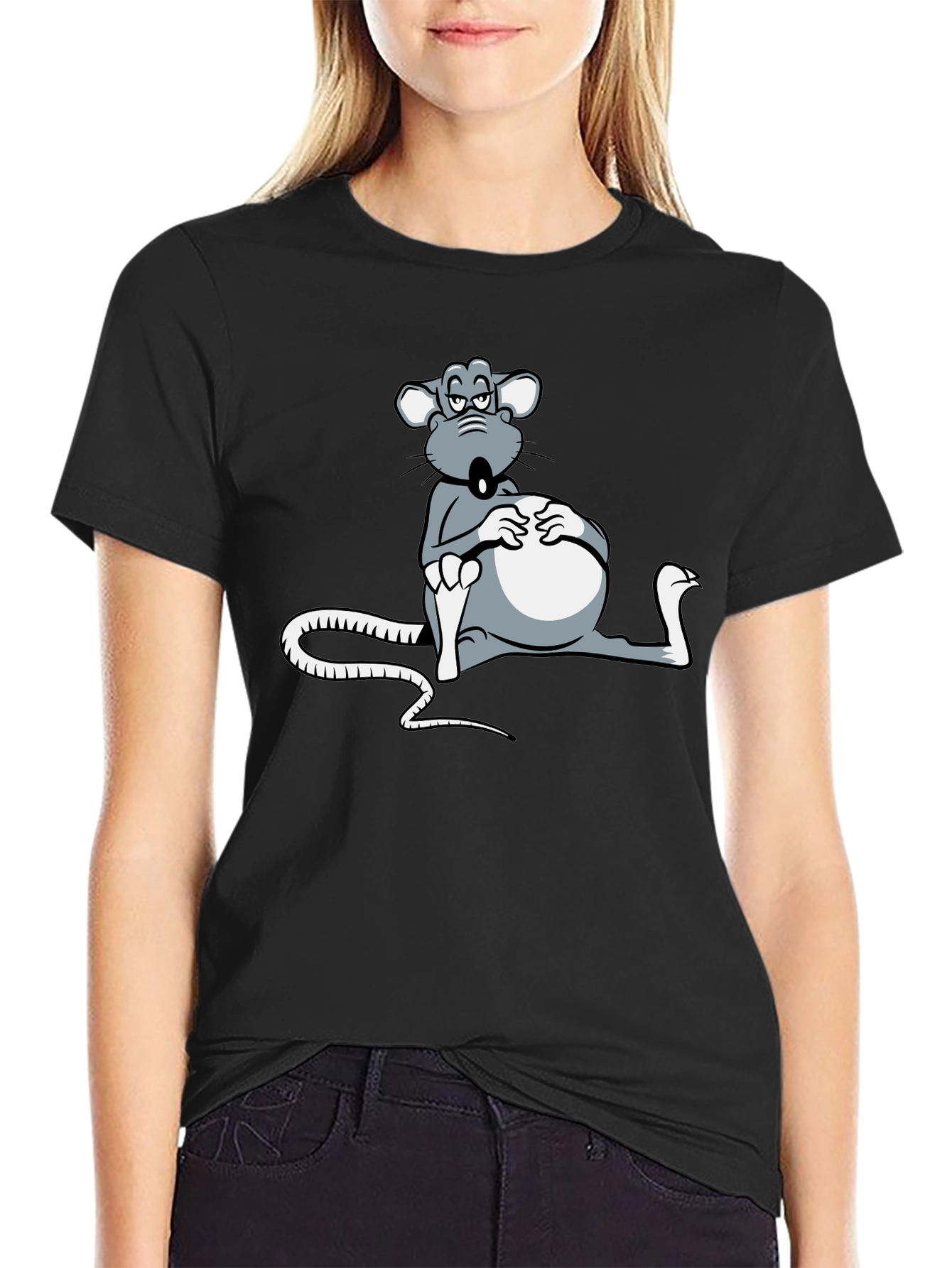 Black T-Shirt with Cartoon Mouse Graphic
