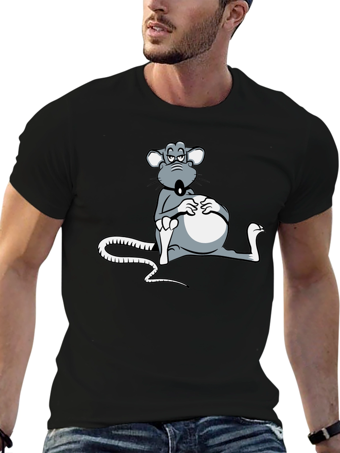 Black T-Shirt with Cartoon Mouse Graphic